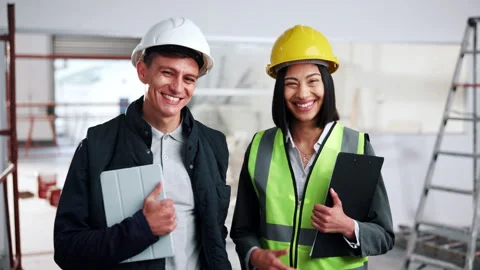 Architect, face and team with tablet in building renovation for construction Stock Footage 341546732