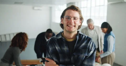 Architect, face or man in office with arms crossed, project manager or pride as Stock Footage 341377107