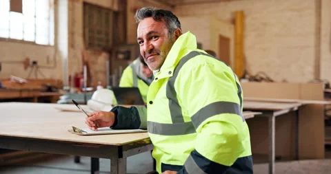 Architect, face or man in workshop with clipboard, building planner or pride in Stock Footage 338046543