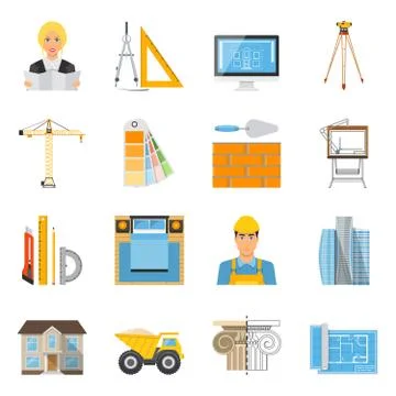 Architect Flat Colored Icons Collection Stock Illustration