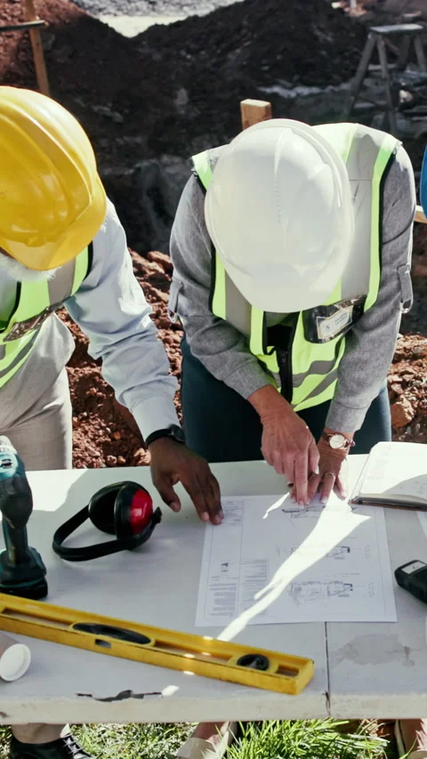 Architect, floor plan and people outdoor at construction site with discussion Stock Footage 340450705