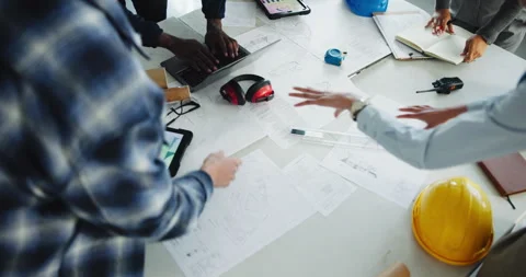 Architect, group and hands with blueprint in office, teamwork and tablet screen Stock Footage 341376883