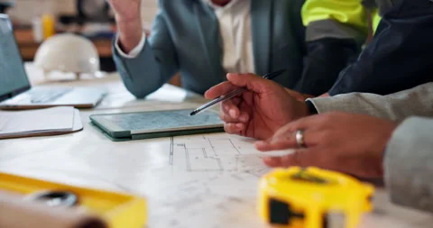 Architect, hands and blueprint with building plan for construction ideas or Stock Footage 338108536
