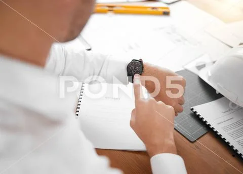 Architect, hands and checking watch for time, schedule or planning in ...