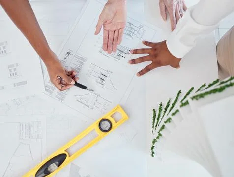 Architect, hands and construction planning for building industry in team Fotos de archivo