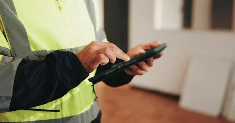 Architect, hands and scroll with tablet for construction, AI rendering site and Stock Photos