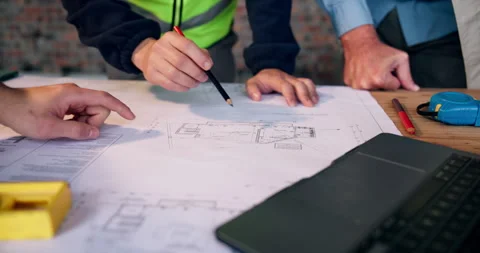 Architect, hands and team with blueprint for construction, building design or Stock Footage 337156545