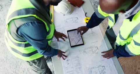 Architect, hands and team at tablet screen with floor plan, design update or app Stock Footage 336792642