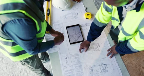 Architect, hands and team at tablet screen with blueprint, design update or app Stock Footage 336798111