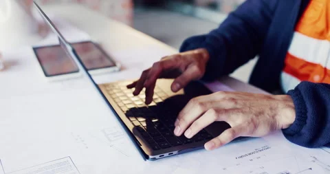 Architect, hands and typing on laptop for review, design update or schedule for Stock Footage 336778895