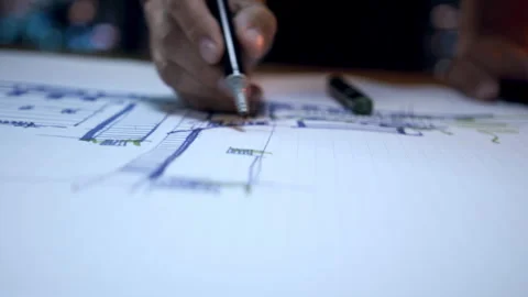 Architect Hands Drawing Technical Blueprint Close-Up Precision Engineering Video stock 284856647