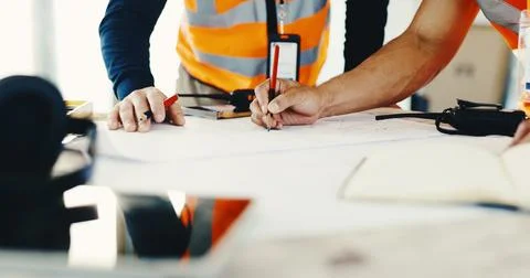Architect, hands or planning with blueprint on construction site for strategy or Stock Photos