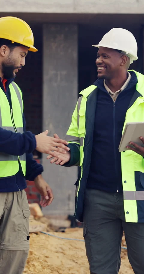 Architect, handshake and men with tablet, construction site or collaboration for Stock Footage 336857046