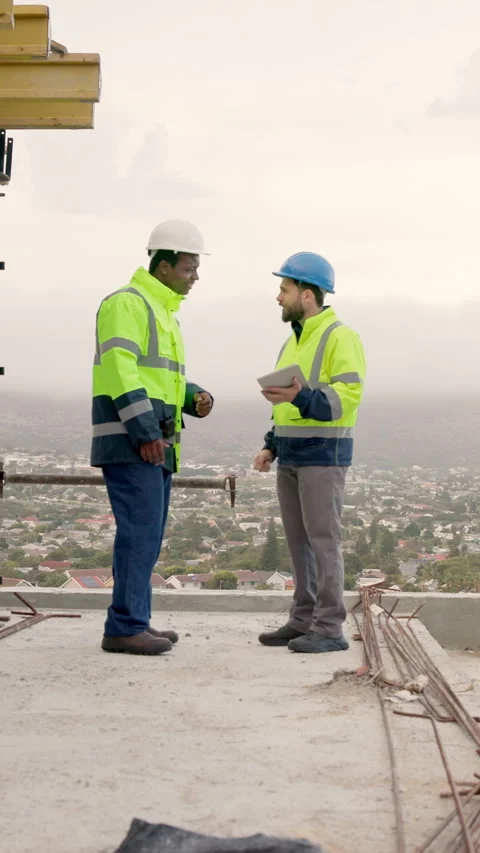 Architect, handshake and men with tablet on building site, smile and property Stock Footage 337992478