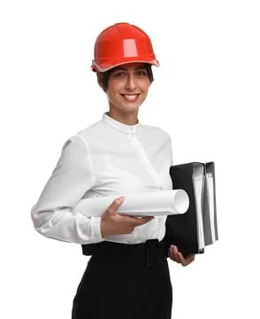 Architect with hard hat, draft and folders on white background Stock Photos
