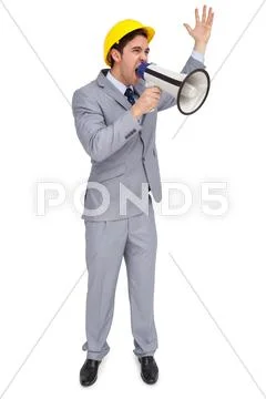 Architect with hard hat shouting with a megaphone Stock Photos
