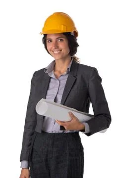 Architect in hardhat with blueprints Stock Photos