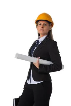 Architect in hardhat with blueprints Stock Photos