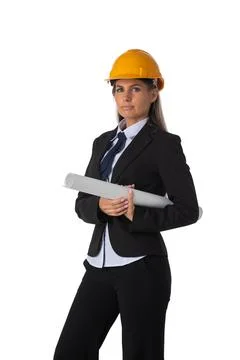 Architect in hardhat with blueprints Stock Photos