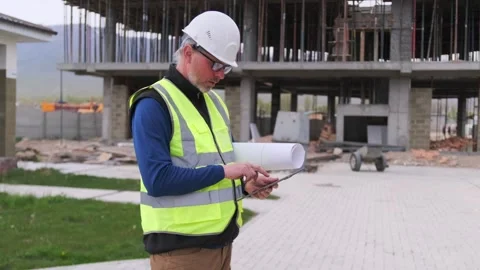 Architect in hardhat holding paper draft and writes notes with stylus on tablet Stock Footage 274362850
