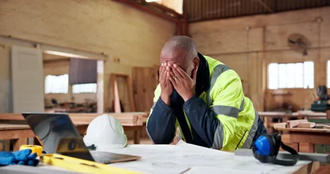 Architect, headache or black man with laptop in workshop for building mistake or Stock Footage 338050454