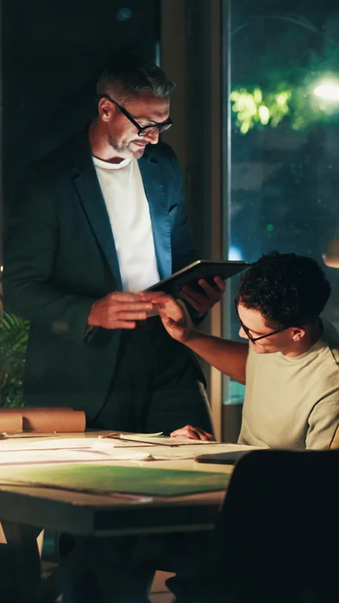 Architect, high five and men with tablet at night, overtime or drafting layout Stock-Footage 343501748