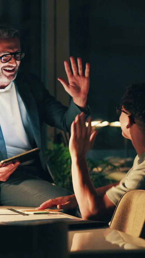 Architect, high five and men with tablet in office, laugh or drafting layout Stock-Footage 343501851