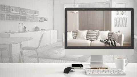 Architect house project concept, desktop computer on white work desk showing  Stock Illustration