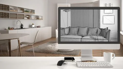 Architect house project concept, desktop computer on white work desk showing  Stock Illustration