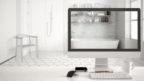 Architect house project concept, desktop computer on white work desk showing  Stock Illustration
