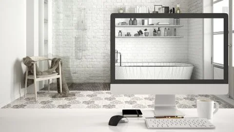 Architect house project concept, desktop computer on white work desk showing  Stock Illustration