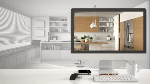 Architect house project concept, desktop computer on white work desk showing  Stock Illustration