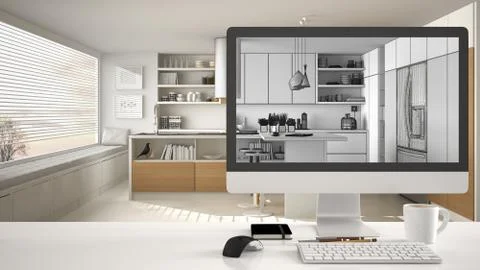 Architect house project concept, desktop computer on white work desk showing  Stock Illustration