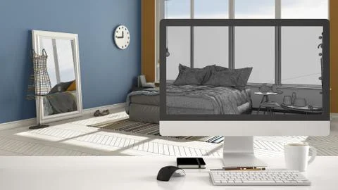 Architect house project concept, desktop computer on white work desk showing  Stock Illustration
