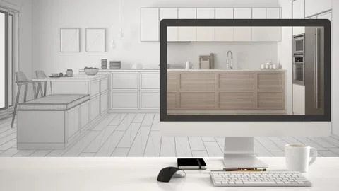Architect house project concept, desktop computer on white work desk showing  Stock Illustration