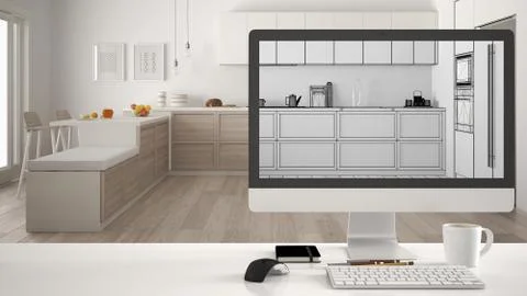 Architect house project concept, desktop computer on white work desk showing  Stock Illustration
