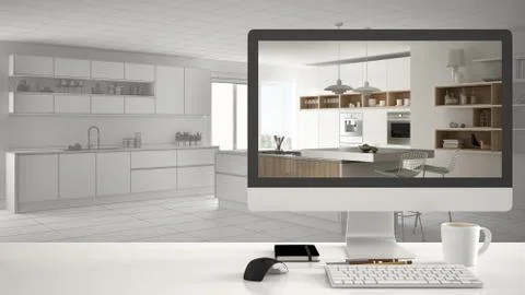 Architect house project concept, desktop computer on white work desk showing  Stock Illustration