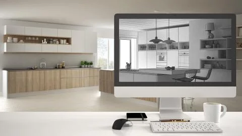 Architect house project concept, desktop computer on white work desk showing  Stock Illustration
