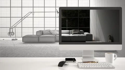 Architect house project concept, desktop computer on white work desk showing  Stock Illustration