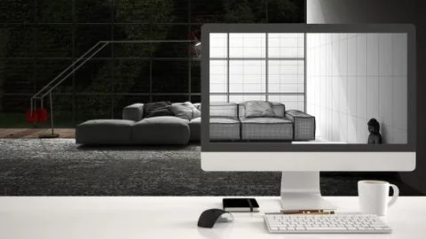 Architect house project concept, desktop computer on white work desk showing  Stock Illustration