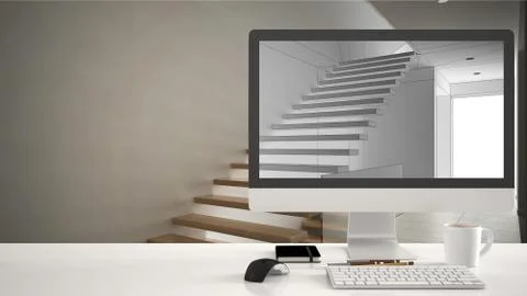 Architect house project concept, desktop computer on white work desk showing  Stock Illustration