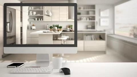 Architect house project concept, desktop computer on white work desk showing  Stock Illustration