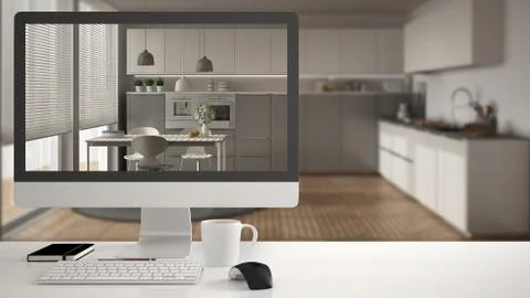 Architect house project concept, desktop computer on white work desk showing  Stock Illustration