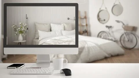 Architect house project concept, desktop computer on white work desk showing  Stock Illustration