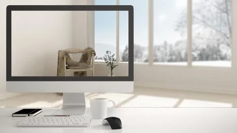 Architect house project concept, desktop computer on white work desk showing  Stock Illustration