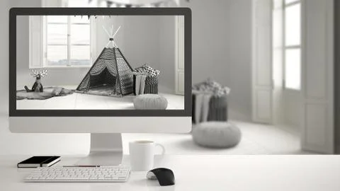 Architect house project concept, desktop computer on white work desk showing  Stock Illustration