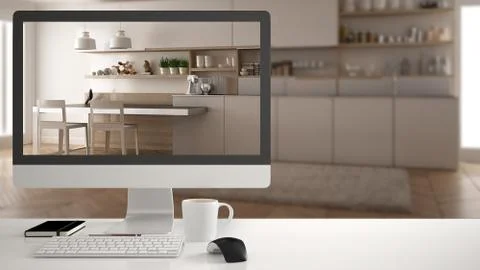 Architect house project concept, desktop computer on white work desk showing  Stock Illustration