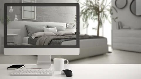 Architect house project concept, desktop computer on white work desk showing  Stock Illustration