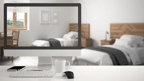 Architect house project concept, desktop computer on white work desk showing  Stock Illustration
