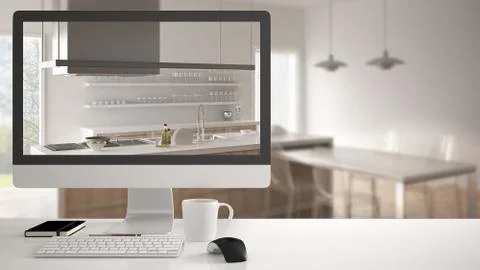 Architect house project concept, desktop computer on white work desk showing  Stock Illustration